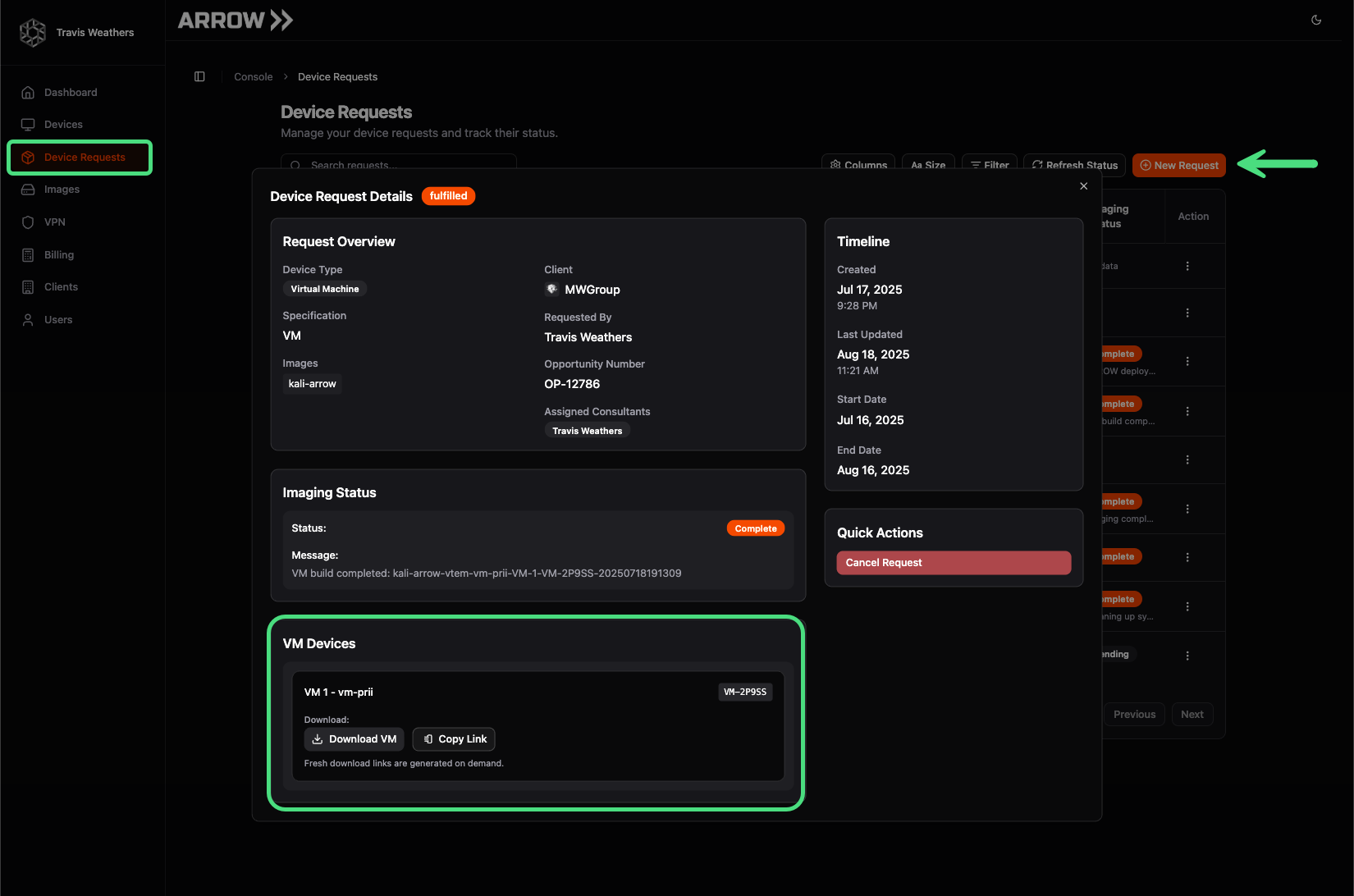 Virtual Appliance Download - Device Request Details